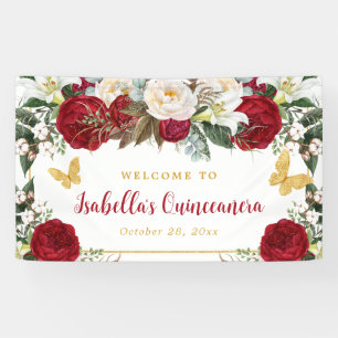 Elegant Red Gold Flowers Butterflies Quinceañera Spandoek
