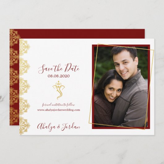 Elegant Red & Gold Ganesha & Mehndi Sparen de Datu Save The Date (Voorkant / Achterkant)