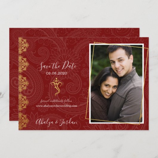 Elegant Red & Gold Ganesha & Mehndi Sparen de Datu Save The Date (Voorkant / Achterkant)