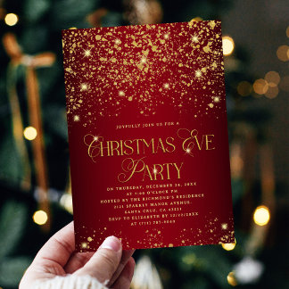 Elegant Red & Gold Glitter Christmas Eve Party Kaart