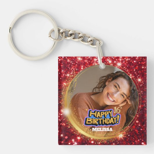 Elegant Red & Gold Glitter Photo 16th Birthday Sleutelhanger (voorkant)