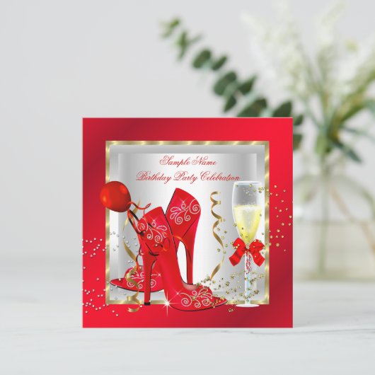 Elegant Red Gold Glitter White Birthday Party Kaart (Staand voorkant)