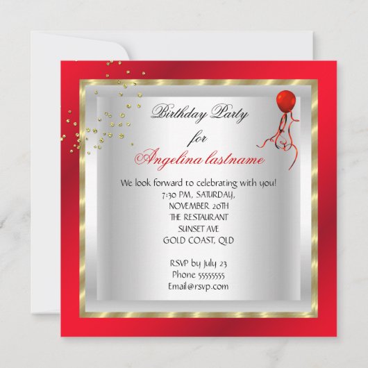 Elegant Red Gold Glitter White Birthday Party Kaart (Achterkant)