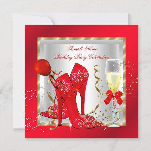 Elegant Red Gold Glitter White Birthday Party Kaart (Voorkant)