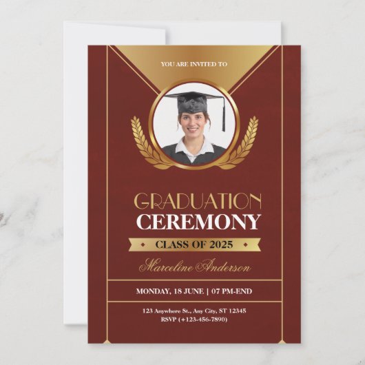 Elegant Red Gold Graduation Ceremony Invite (Voorkant)