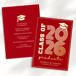 Elegant Red Gold Graduation YY Announcement Folie Uitnodiging