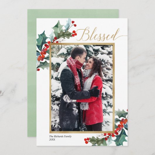 Elegant red gold greenery Blessed kerstkaart (Voorkant / Achterkant)