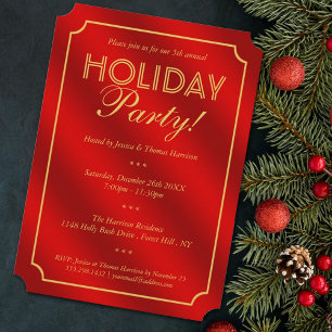 Elegant Red & Gold Holiday Party Kaart