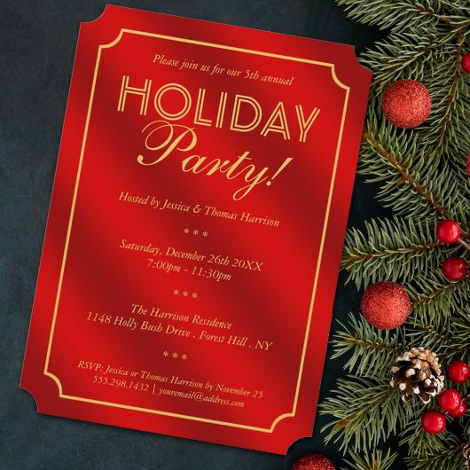 Elegant Red & Gold Holiday Party Kaart