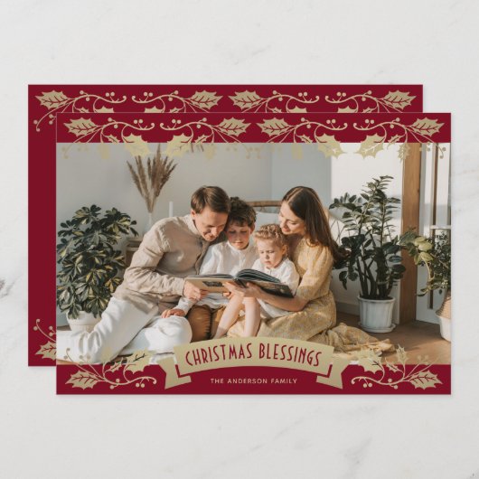 Elegant Red Gold Holly Berries Photo Christian Feestdagenkaart (Voorkant / Achterkant)