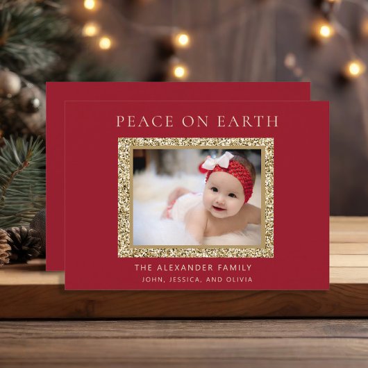Elegant Red Gold Joy kerstfoto Peace Earth Feestdagenkaart