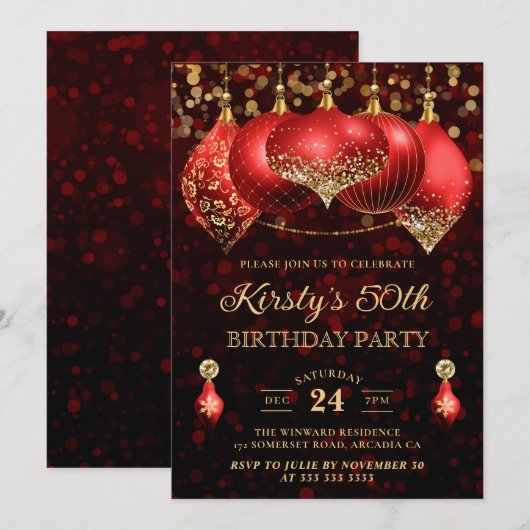 Elegant Red & Gold Kerstmis Baubles 50e verjaardag Kaart (Voorkant / Achterkant)