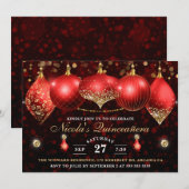 Elegant Red & Gold Kerstmis Baubles Quinceanera Kaart (Voorkant / Achterkant)