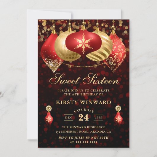Elegant Red & Gold Kerstmis Baubles Sweet 16 Kaart (Voorkant)