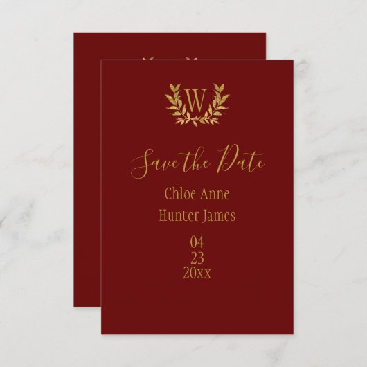 Elegant Red Gold Leaf Monogram Minimalistisch Save The Date (Voorkant / Achterkant)