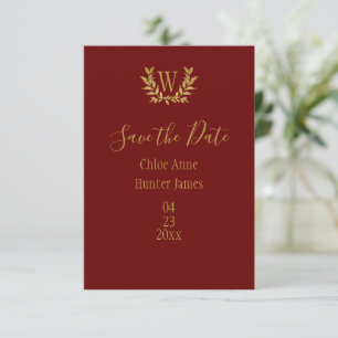 Elegant Red Gold Leaf Monogram Minimalistisch Save The Date