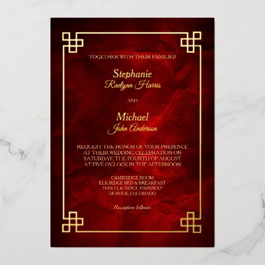 Elegant Red Gold Lijst Wedding Folie Uitnodiging (Voorkant)