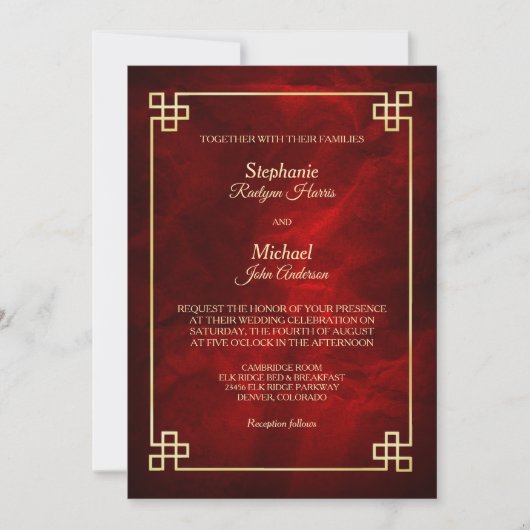 Elegant Red Gold Lijst Wedding Kaart (Voorkant)