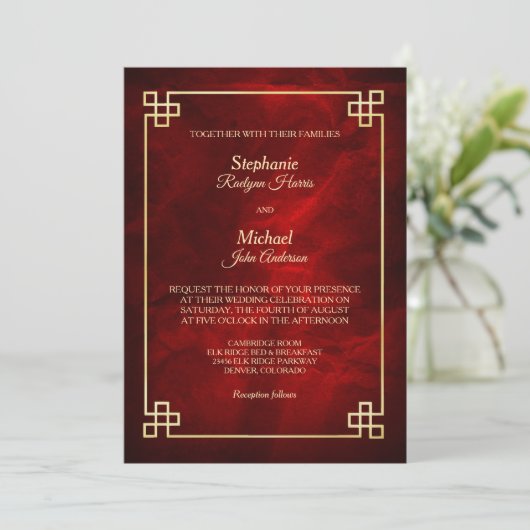 Elegant Red Gold Lijst Wedding Kaart (Staand voorkant)