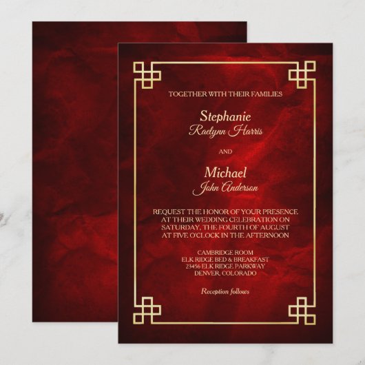 Elegant Red Gold Lijst Wedding Kaart (Voorkant / Achterkant)