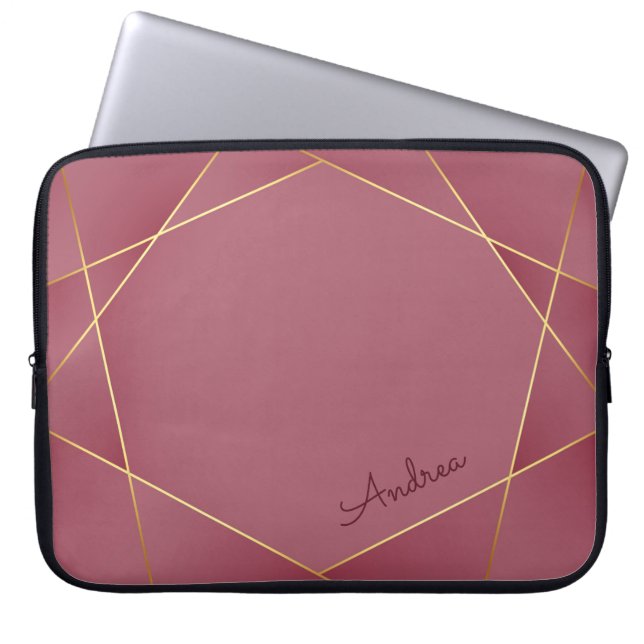 Elegant Red & Gold Lines met aangepaste naam Laptop Sleeve (Voorkant)