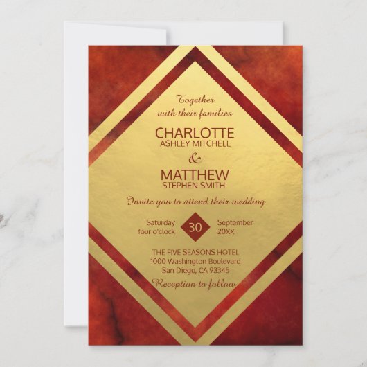 Elegant RED GOLD Marble Wedding Invitations Kaart (Voorkant)