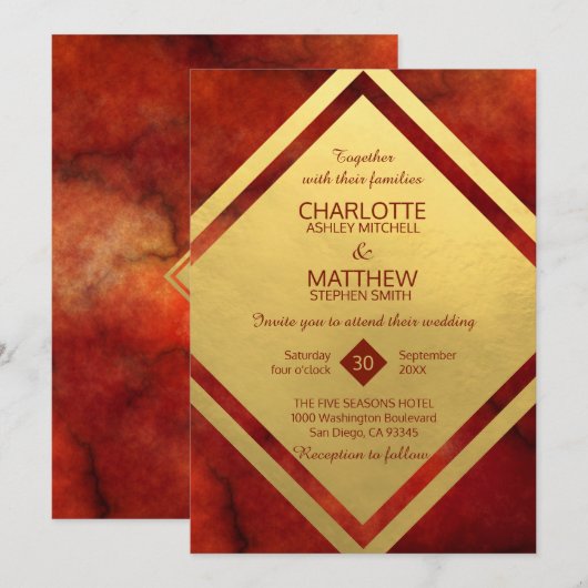 Elegant RED GOLD Marble Wedding Invitations Kaart (Voorkant / Achterkant)
