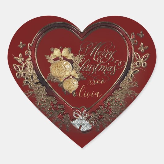 Elegant Red-Gold Modern Victoriaans kerstfeest Hart Sticker (Voorkant)