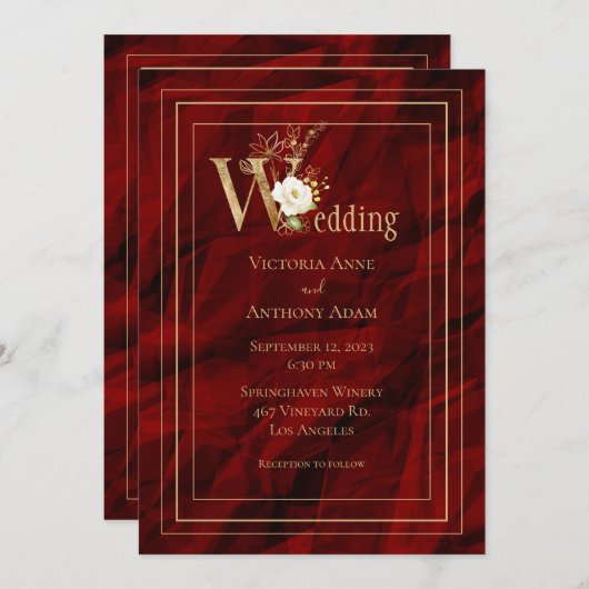 Elegant Red Gold Modern Wedding Uitnodiging (Voorkant / Achterkant)
