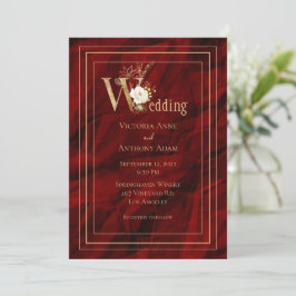 Elegant Red Gold Modern Wedding Uitnodiging