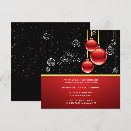 Elegant Red Gold Ornaments on Black Party Invite Kaart (Voorkant / Achterkant)