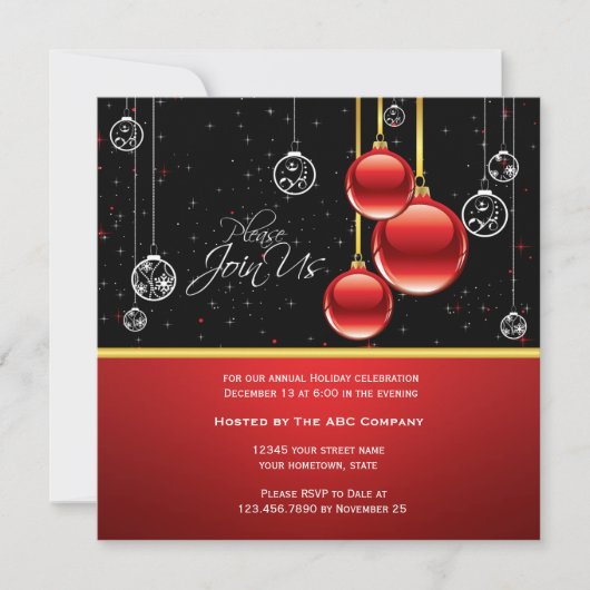 Elegant Red Gold Ornaments on Black Party Invite Kaart (Voorkant)