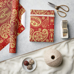 Elegant Red Gold Paisley Pattern Kerstfeestdag Cadeaupapier