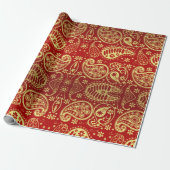 Elegant Red Gold Paisley Pattern Kerstfeestdag Cadeaupapier (Uitgerold)