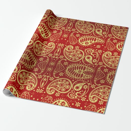 Elegant Red Gold Paisley Pattern Kerstfeestdag Cadeaupapier (Uitgerold)
