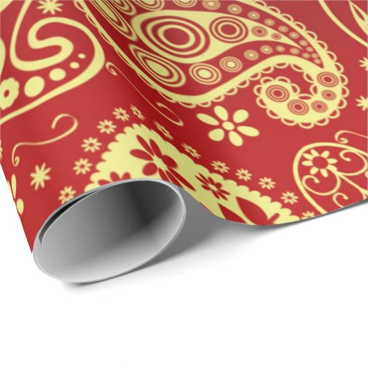 Elegant Red Gold Paisley Pattern Kerstfeestdag Cadeaupapier (Rol Hoek)