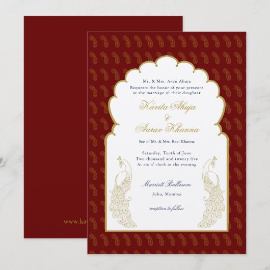 Elegant Red & Gold Peacock Indische bruiloft Kaart (Voorkant / Achterkant)