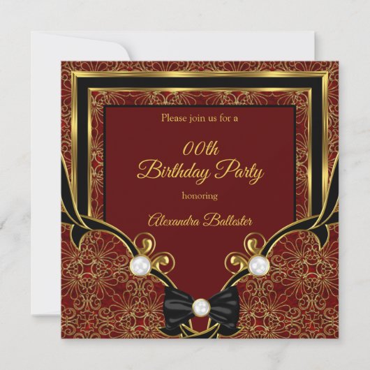 Elegant Red Gold Pearl Black Bow Birthday Kaart (Voorkant)