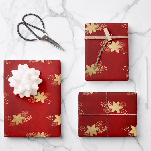 Elegant Red Gold Poinsettia Bouquet kerst Inpakpapier Vel (Voorkant)
