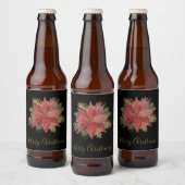 Elegant Red Gold Poinsettia Flower Merry kerst Bier Etiket (Flessen)