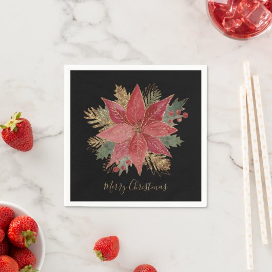 Elegant Red Gold Poinsettia Flower Merry kerst Servet (Insitu)