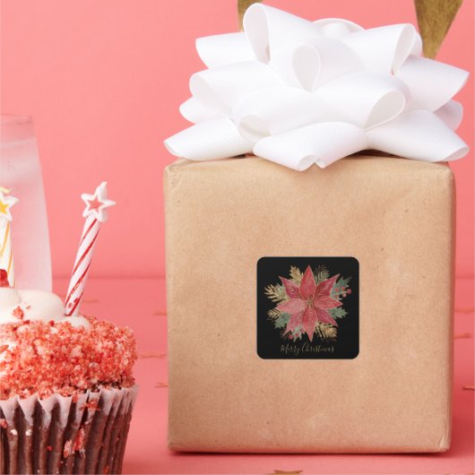 Elegant Red Gold Poinsettia Flower Merry kerst Vierkante Sticker (Feest)