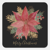 Elegant Red Gold Poinsettia Flower Merry kerst Vierkante Sticker (Voorkant)