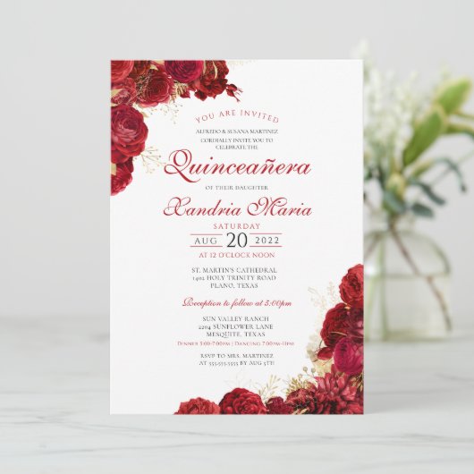 Elegant Red & Gold Roos Floral Quinceanera Kaart (Staand voorkant)