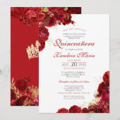 Elegant Red & Gold Roos Floral Quinceanera Kaart (Voorkant / Achterkant)