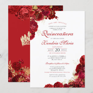Elegant Red & Gold Roos Floral Quinceanera Kaart