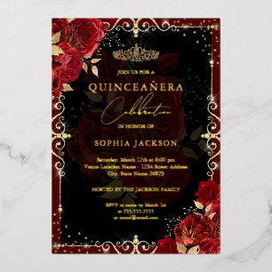 Elegant Red Gold Roos Quinceanera Folie Uitnodiging