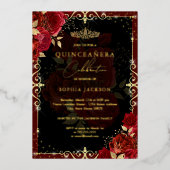 Elegant Red Gold Roos Quinceanera Folie Uitnodiging (Voorkant)