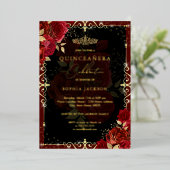 Elegant Red Gold Roos Quinceanera Folie Uitnodiging (Staand Voorkant)