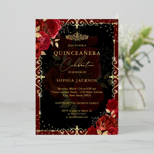 Elegant Red Gold Roos Quinceanera Folie Uitnodiging (Staand Voorkant)